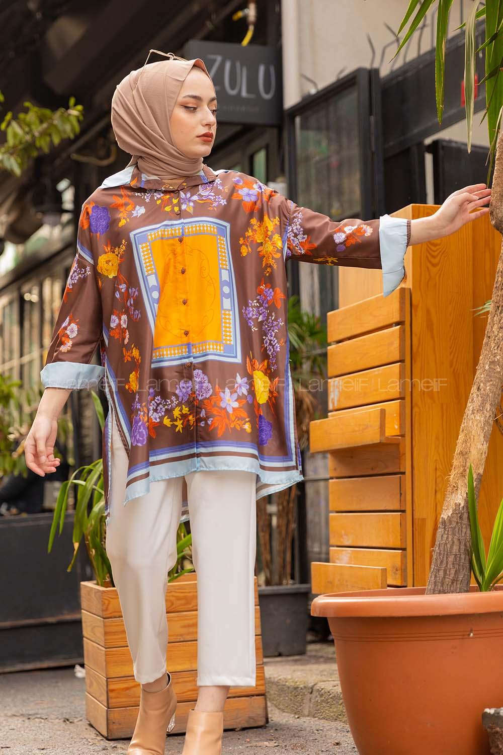 Modalamelif  Çiçek Desenli Gömlek Kahverengi