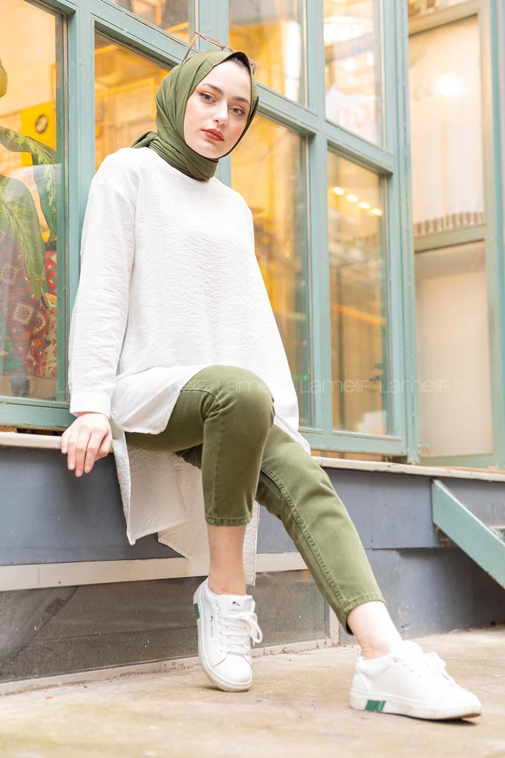 Modalamelif Düz Renk Keten Bluz  Ekru