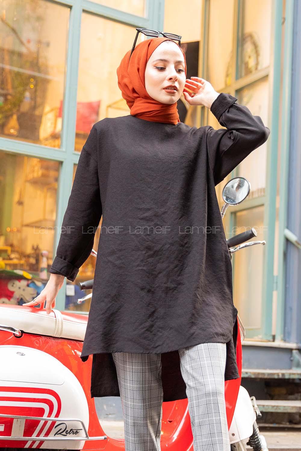 Modalamelif Düz Renk Keten Bluz  Siyah