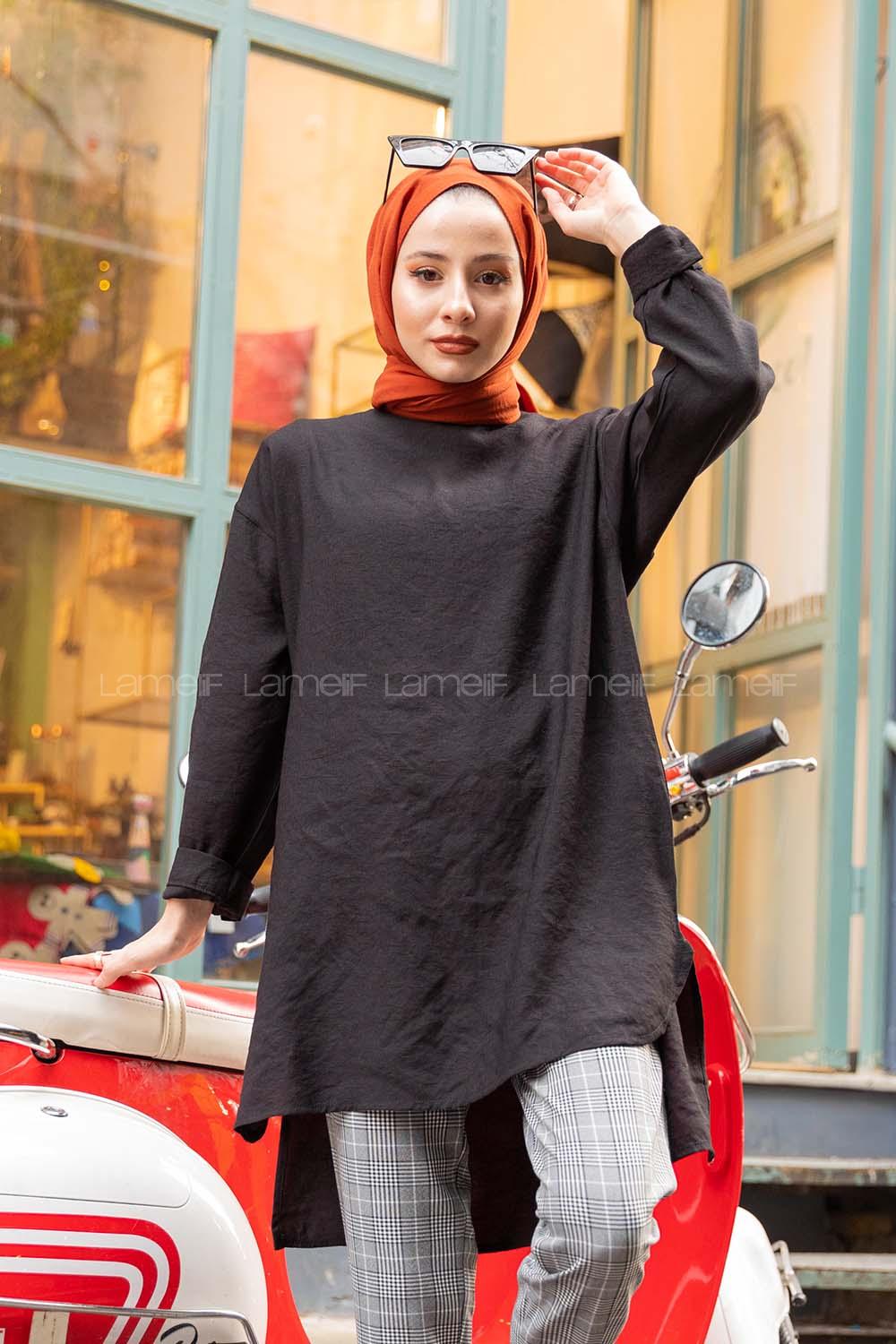 Modalamelif Düz Renk Keten Bluz  Siyah