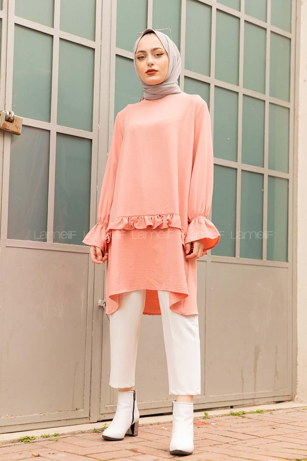 Modalamelif Eteği Fırfırlı Ayrobin Tunik Pudra