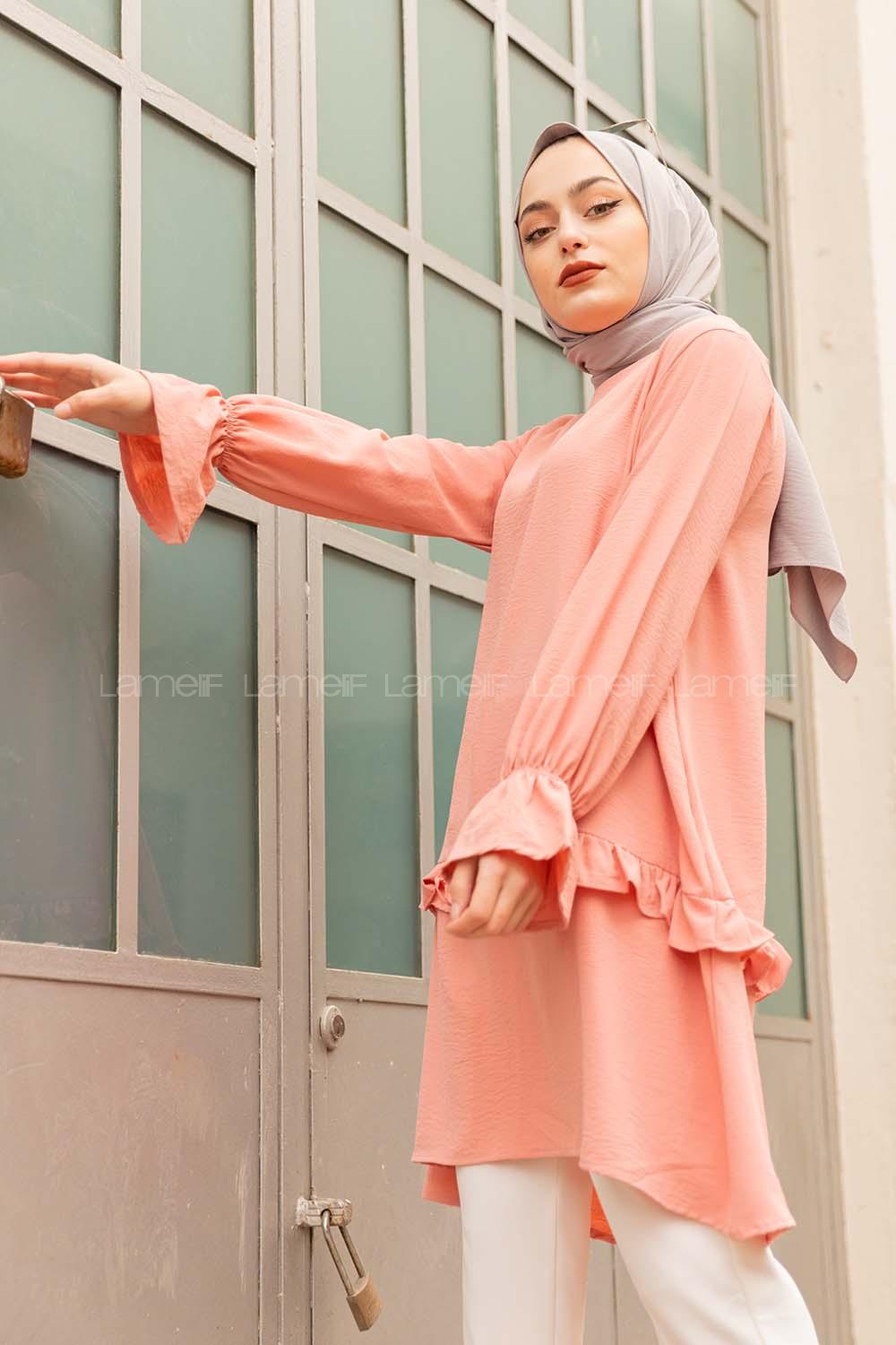 Modalamelif Eteği Fırfırlı Ayrobin Tunik Pudra