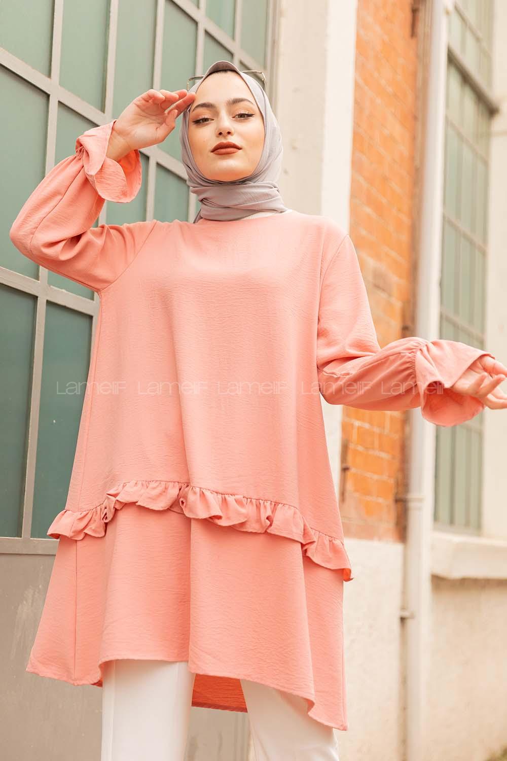 Modalamelif Eteği Fırfırlı Ayrobin Tunik Pudra