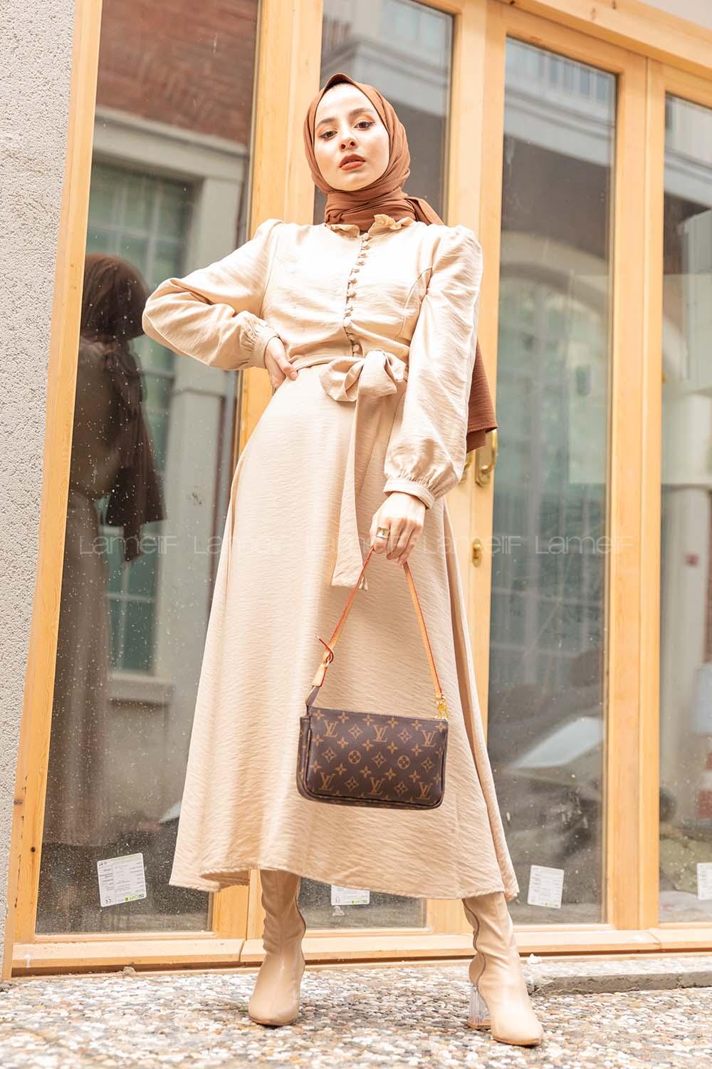 Modalamelif Fırfır Yakalı Belden Bağlamalı Elbise  Bej