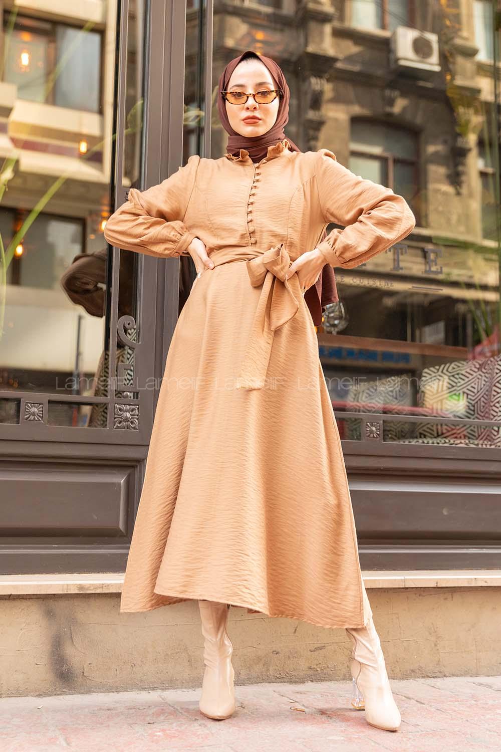 Modalamelif Fırfır Yakalı Belden Bağlamalı Elbise  Camel