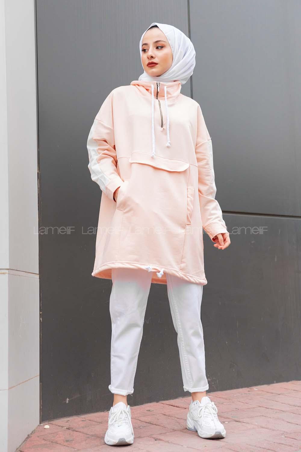 Modalamelif Kanguru Cepli Oversize Sweatshırt Soft Pudra