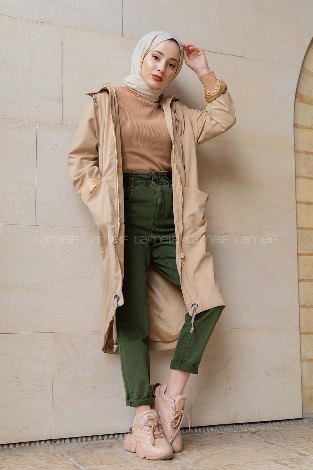 Modalamelif Kuş Gözlü Kapşonlu Uzun Kaban Bej