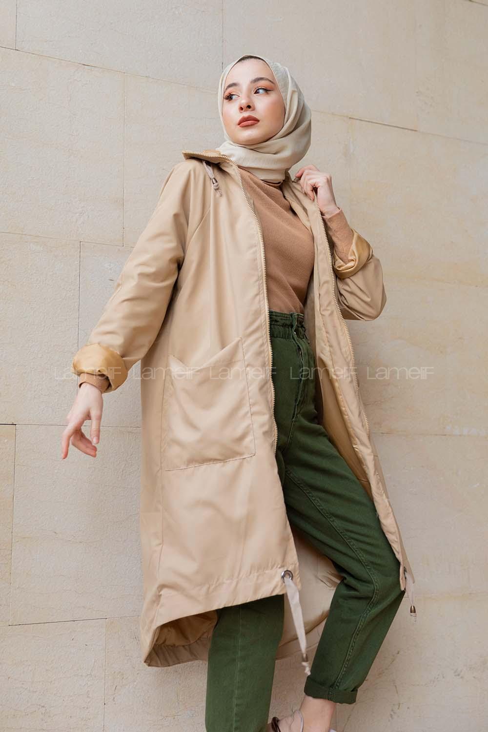 Modalamelif Kuş Gözlü Kapşonlu Uzun Kaban Bej