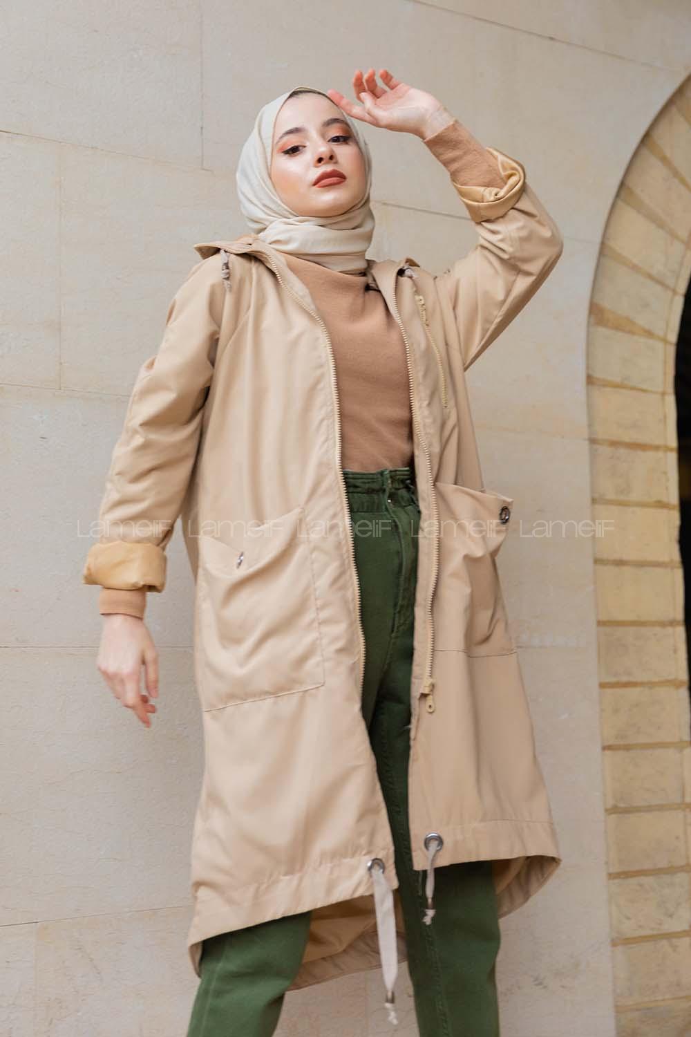 Modalamelif Kuş Gözlü Kapşonlu Uzun Kaban Bej