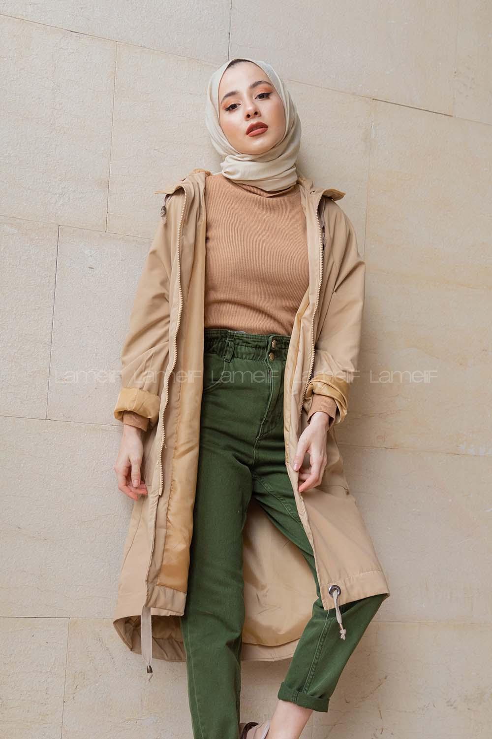 Modalamelif Kuş Gözlü Kapşonlu Uzun Kaban Bej