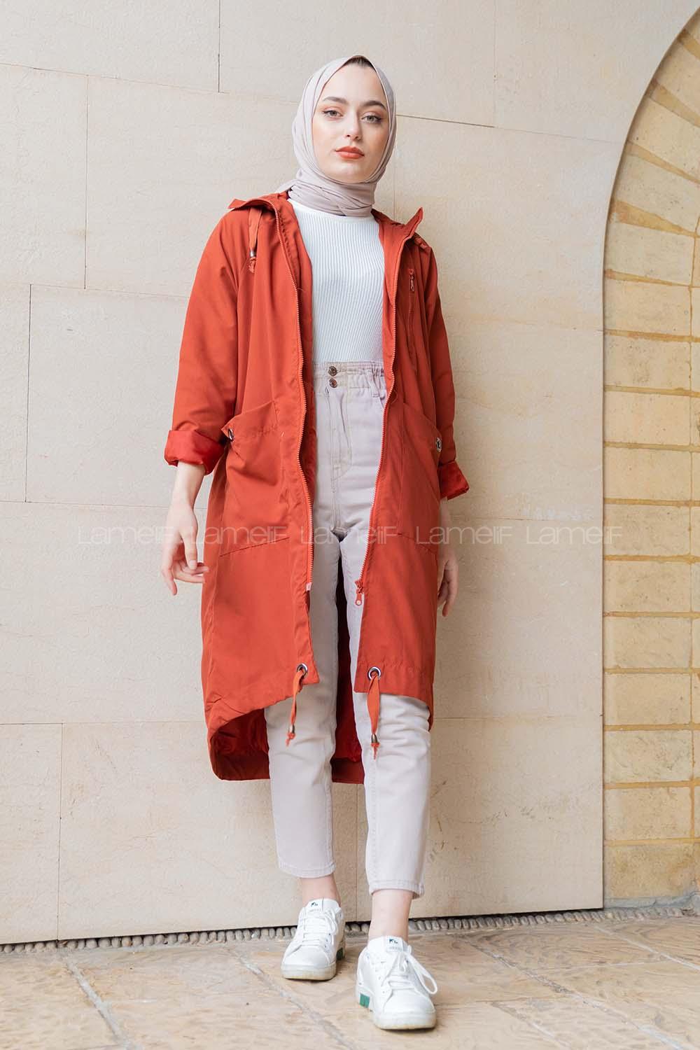 Modalamelif Kuş Gözlü Kapşonlu Uzun Kaban Kiremit