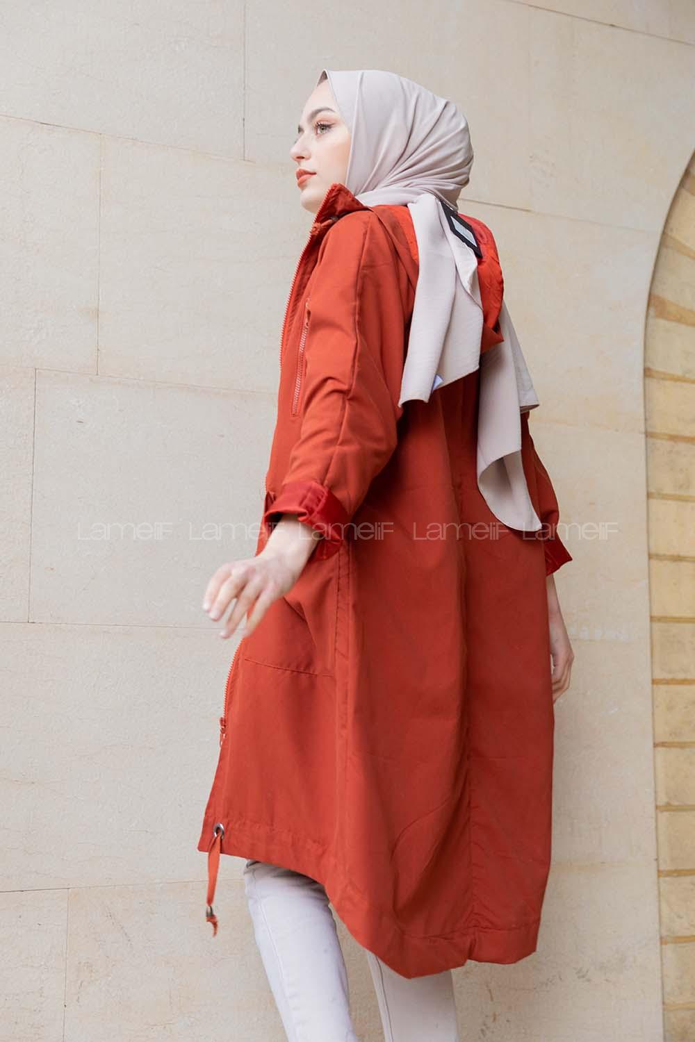 Modalamelif Kuş Gözlü Kapşonlu Uzun Kaban Kiremit