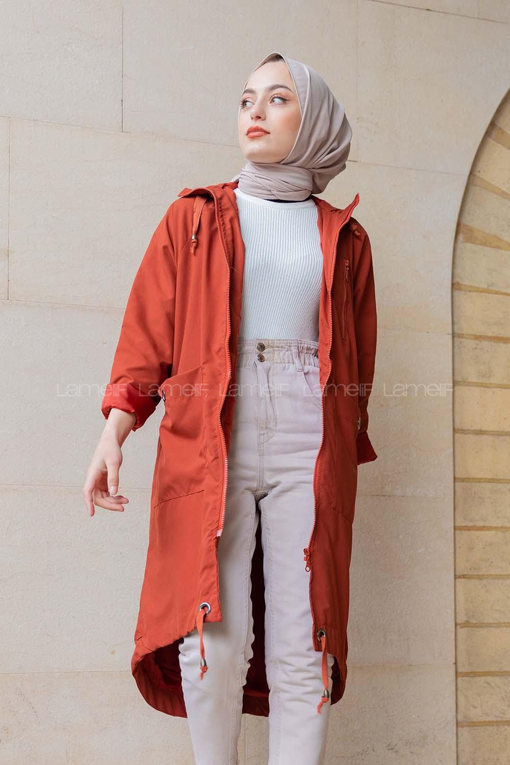 Modalamelif Kuş Gözlü Kapşonlu Uzun Kaban Kiremit