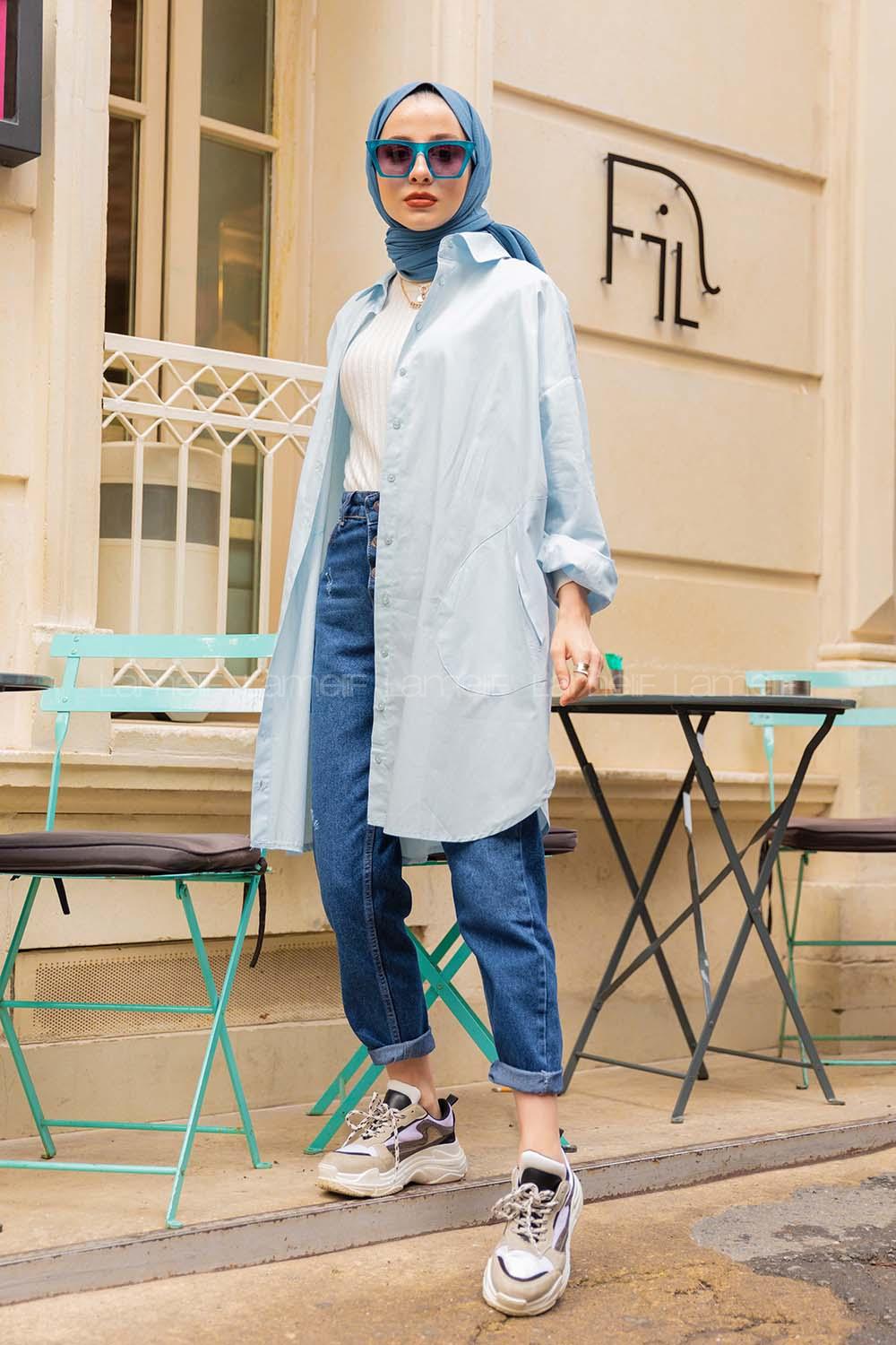 Modalamelif Önü Düğmeli Yan Cepli Gömlek Buz Mavisi