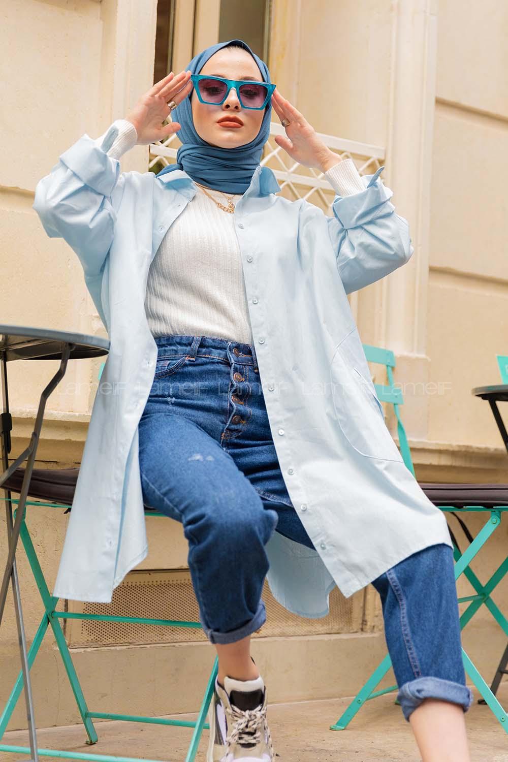 Modalamelif Önü Düğmeli Yan Cepli Gömlek Buz Mavisi