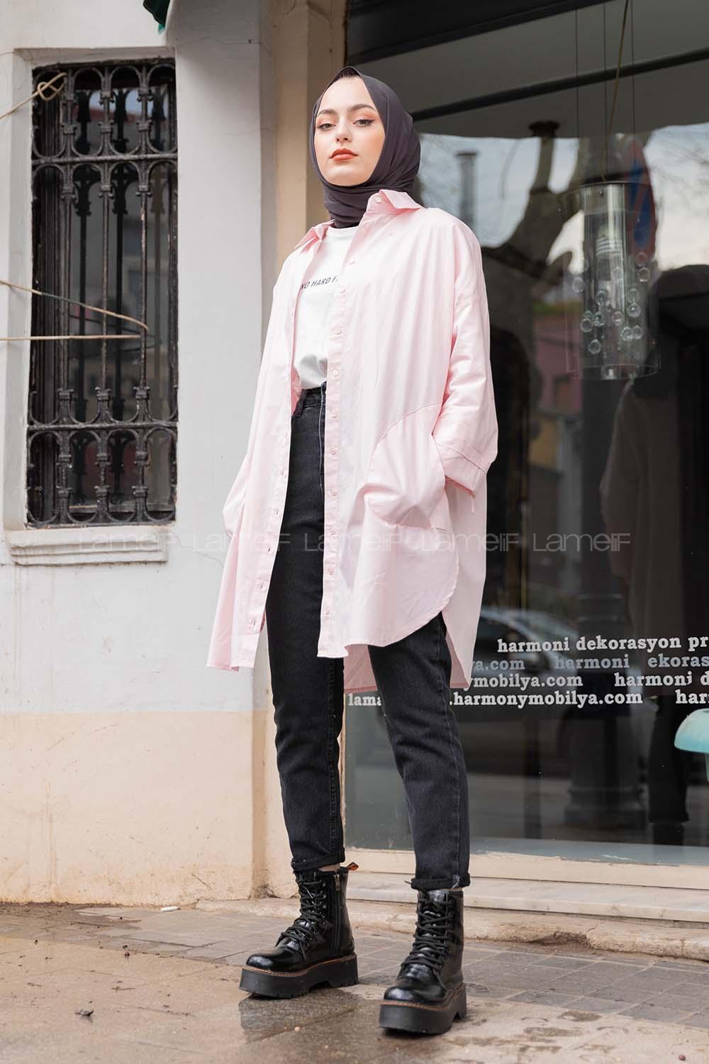 Modalamelif Önü Düğmeli Yan Cepli Gömlek Pudra