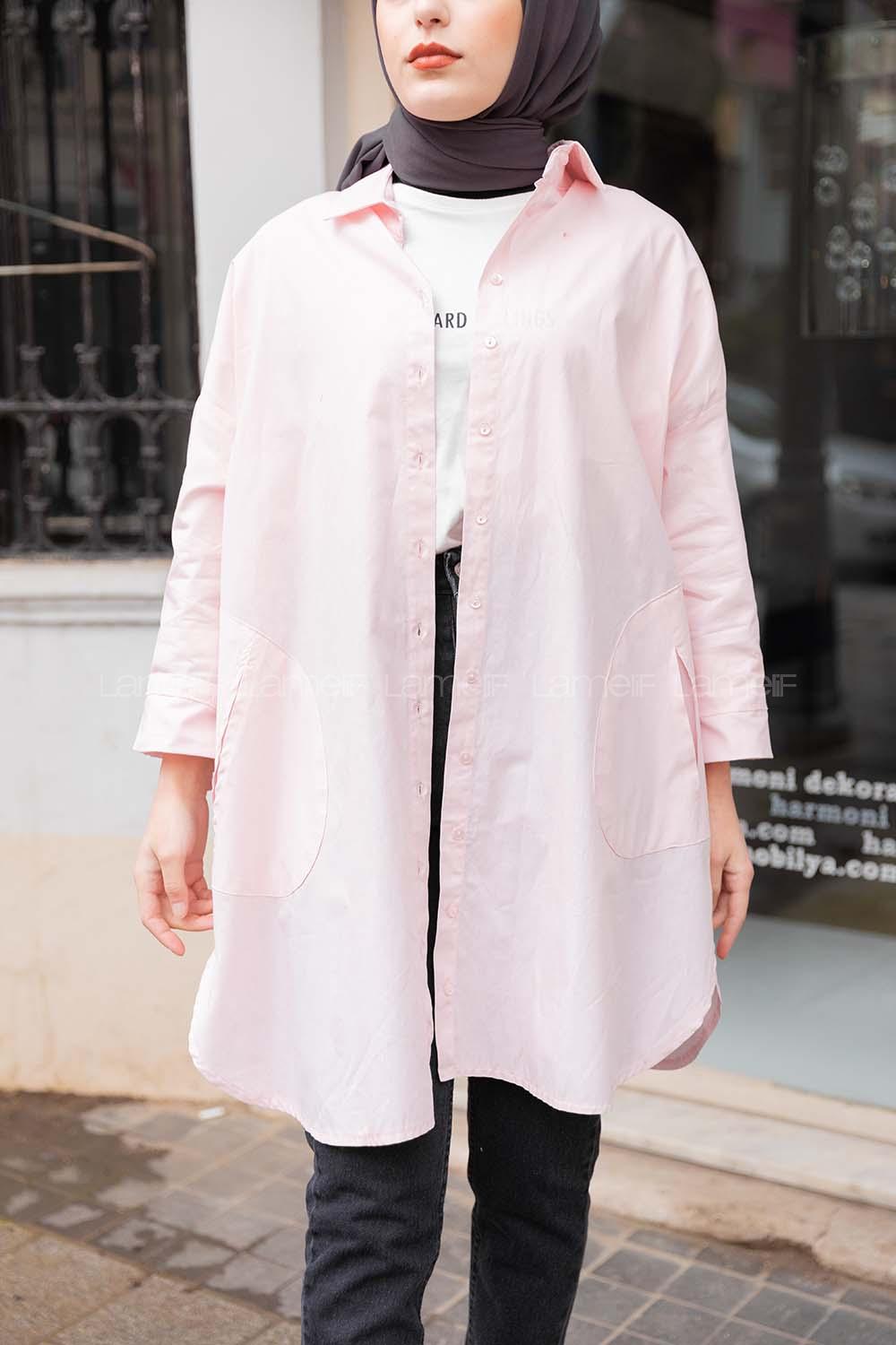 Modalamelif Önü Düğmeli Yan Cepli Gömlek Pudra