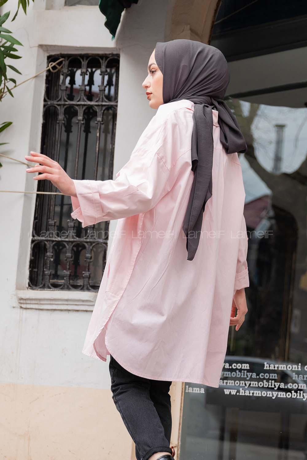 Modalamelif Önü Düğmeli Yan Cepli Gömlek Pudra