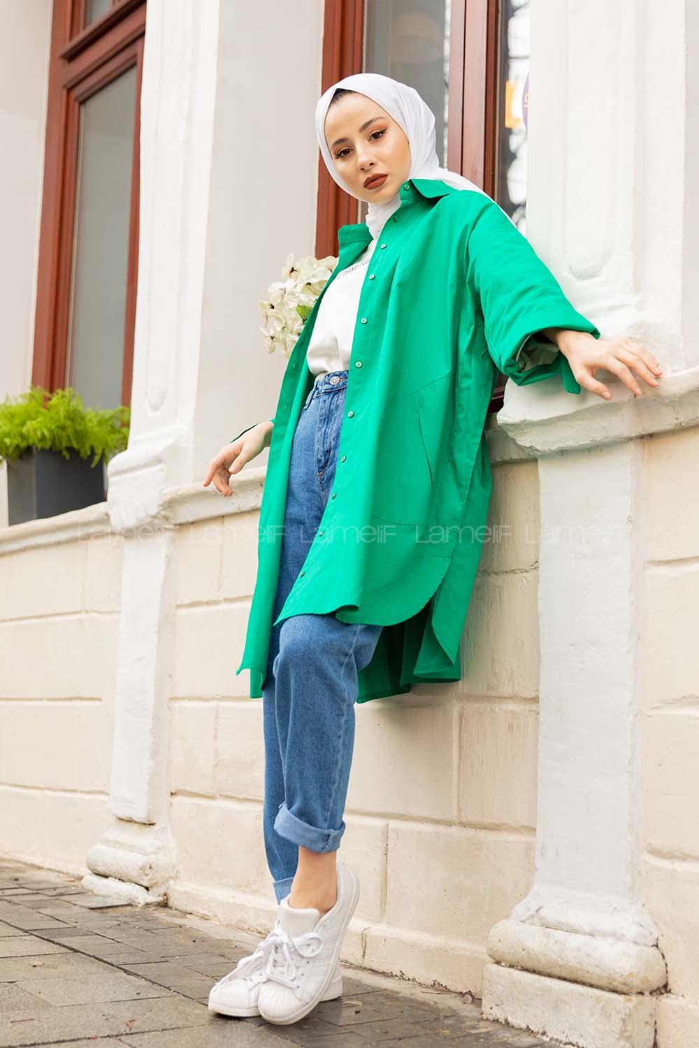 Modalamelif Önü Düğmeli Yan Cepli Gömlek Yeşil