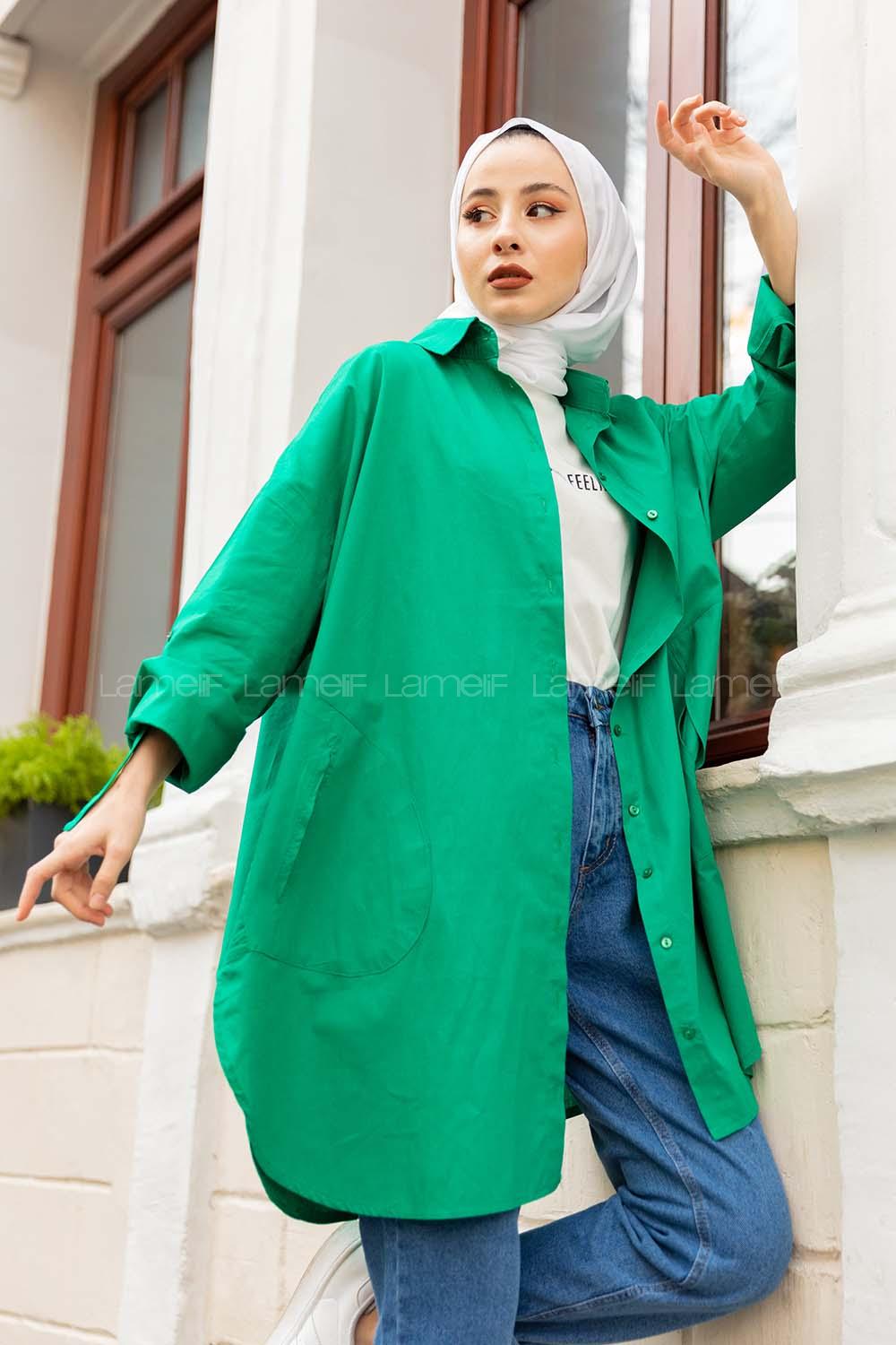 Modalamelif Önü Düğmeli Yan Cepli Gömlek Yeşil
