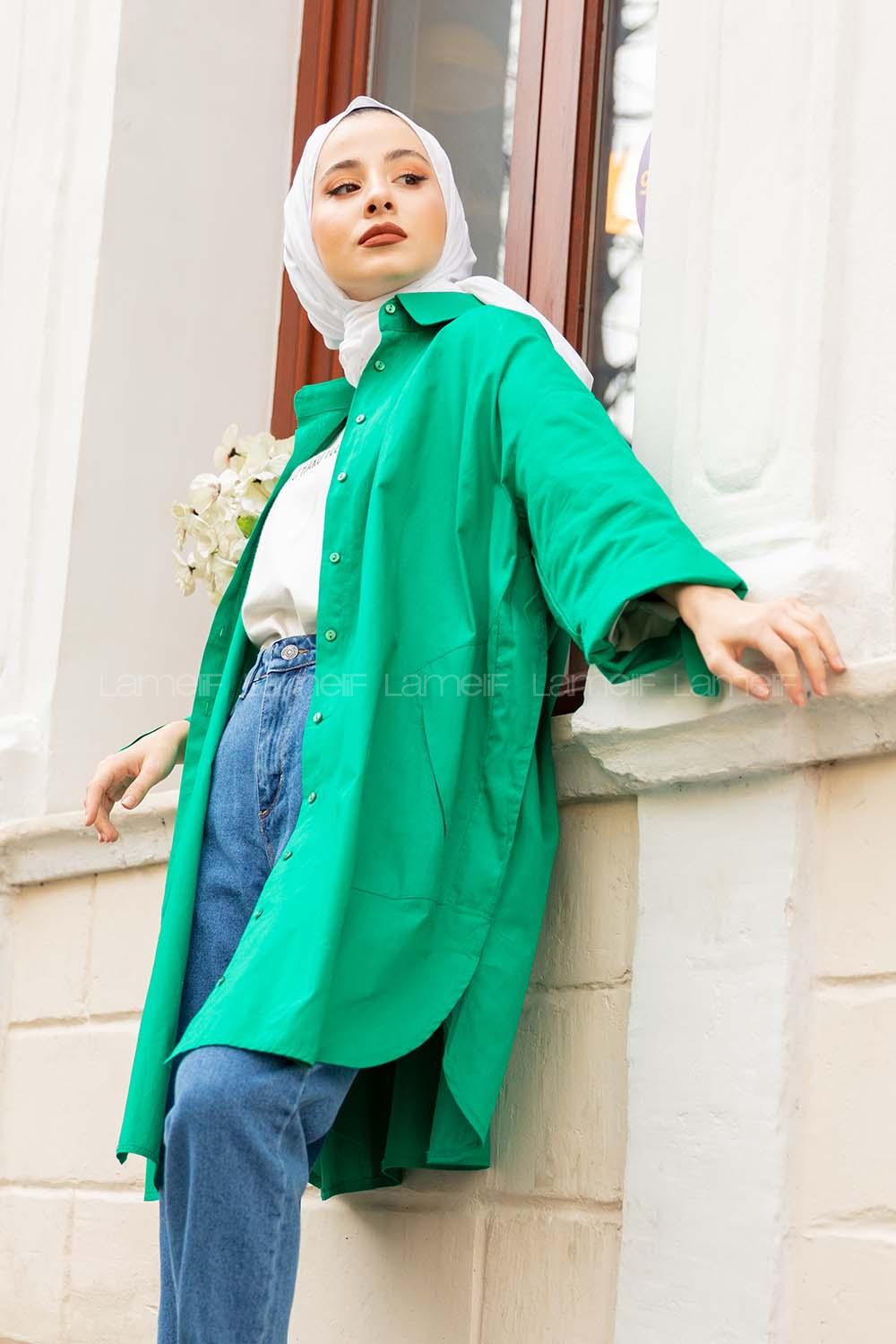 Modalamelif Önü Düğmeli Yan Cepli Gömlek Yeşil