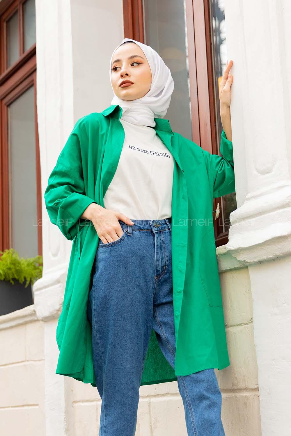 Modalamelif Önü Düğmeli Yan Cepli Gömlek Yeşil