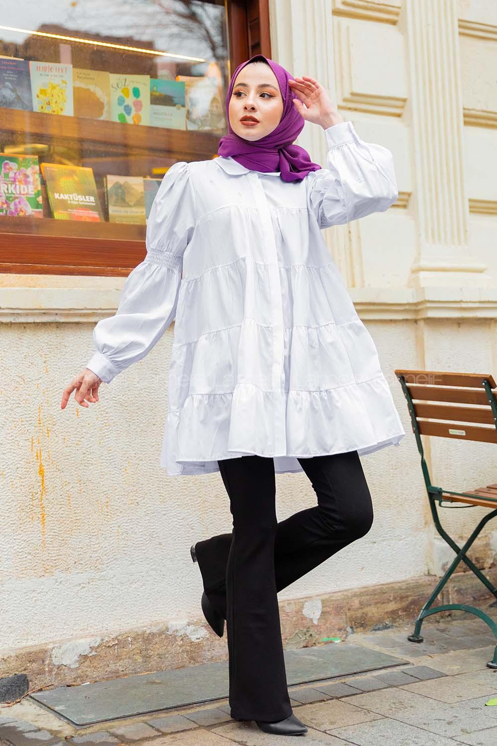 Modalamelif Önü Gizli Düğmeli Katlı Gömlek Beyaz