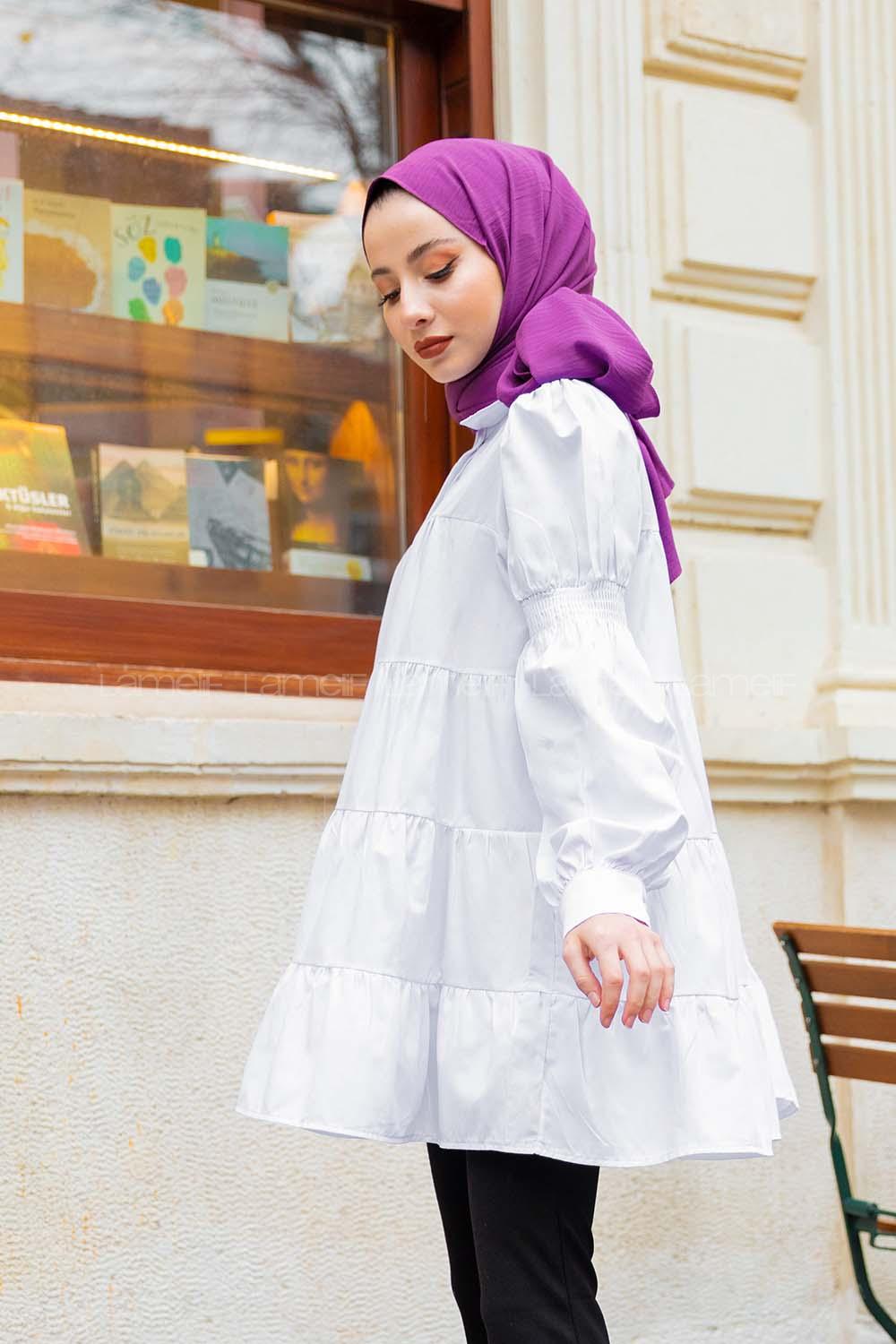 Modalamelif Önü Gizli Düğmeli Katlı Gömlek Beyaz