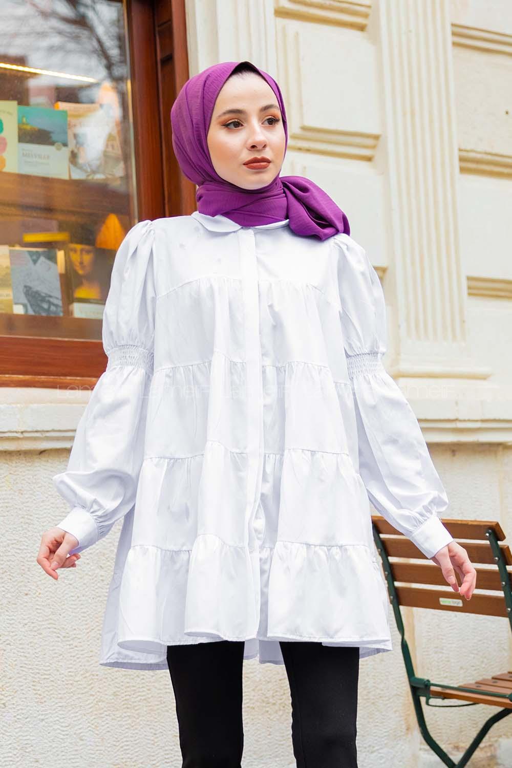 Modalamelif Önü Gizli Düğmeli Katlı Gömlek Beyaz