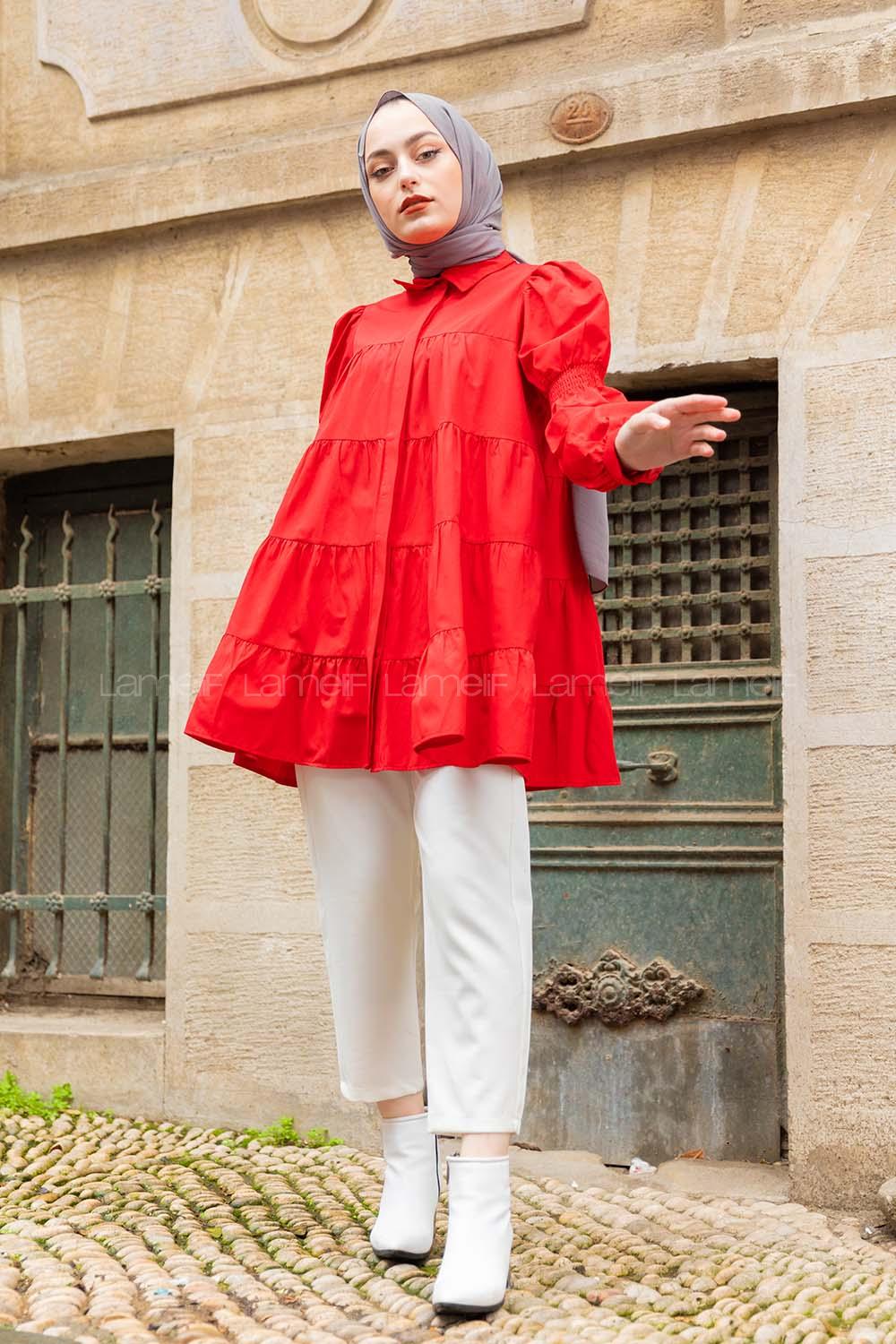 Modalamelif Önü Gizli Düğmeli Katlı Gömlek Kırmızı