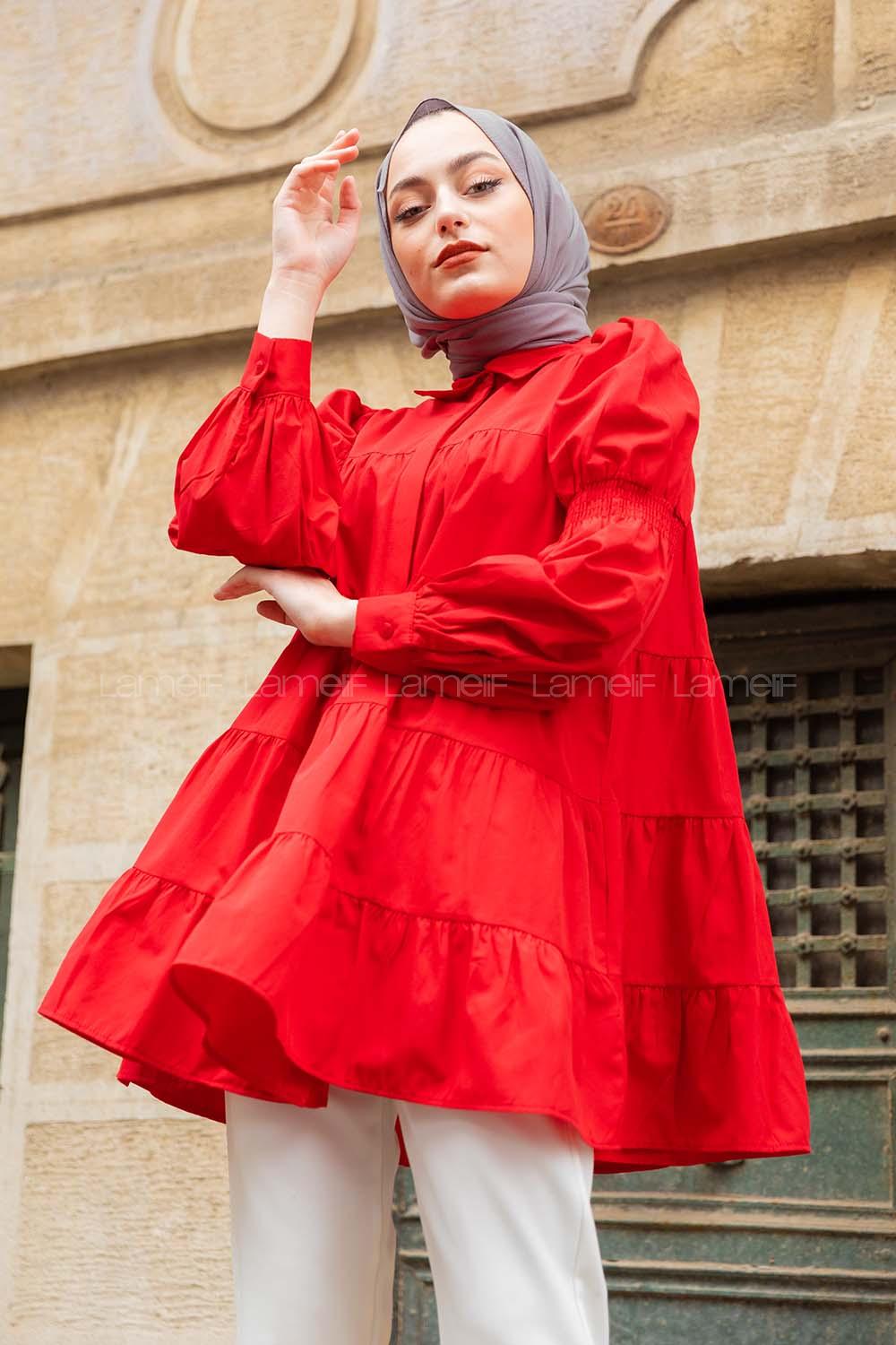 Modalamelif Önü Gizli Düğmeli Katlı Gömlek Kırmızı