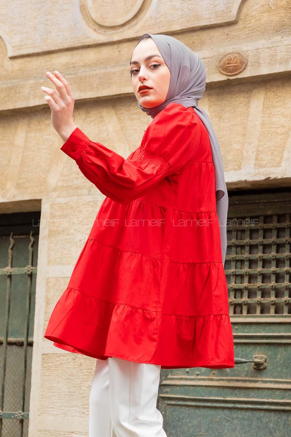 Modalamelif Önü Gizli Düğmeli Katlı Gömlek Kırmızı