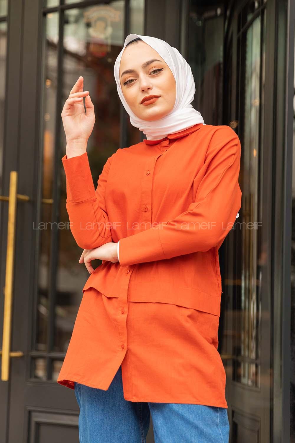 Modalamelif Önü Katlı Keten Gömlek Kiremit