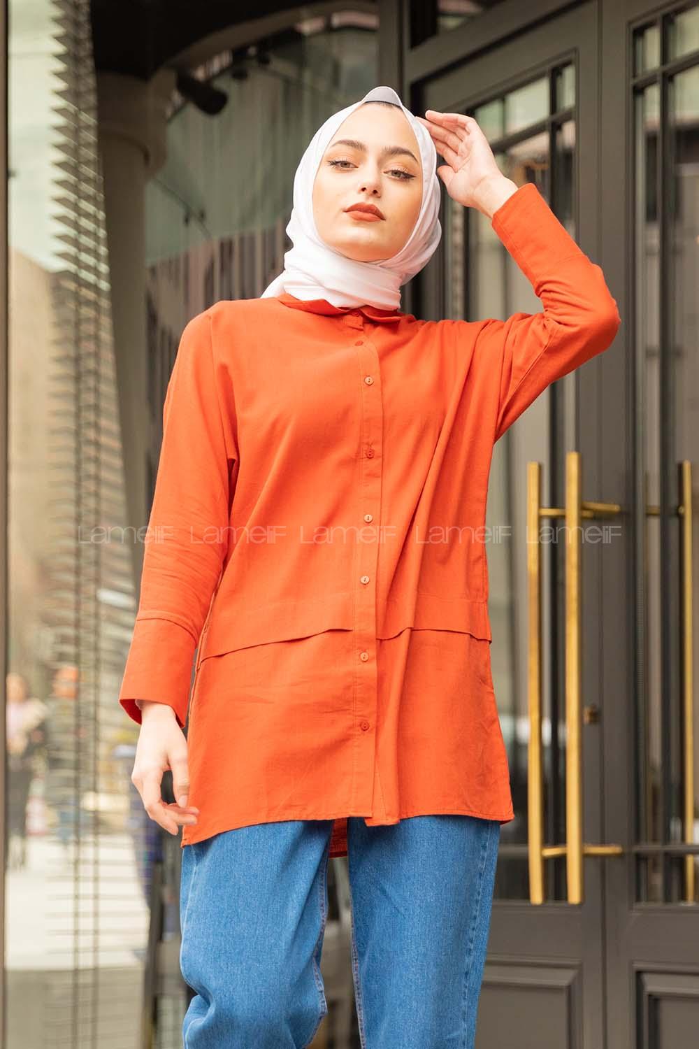 Modalamelif Önü Katlı Keten Gömlek Kiremit