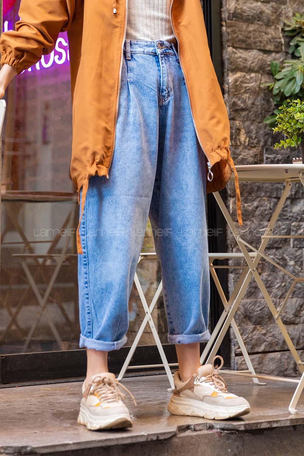 Modalamelif Paçası Pensli Baggy Jean Buz Mavisi