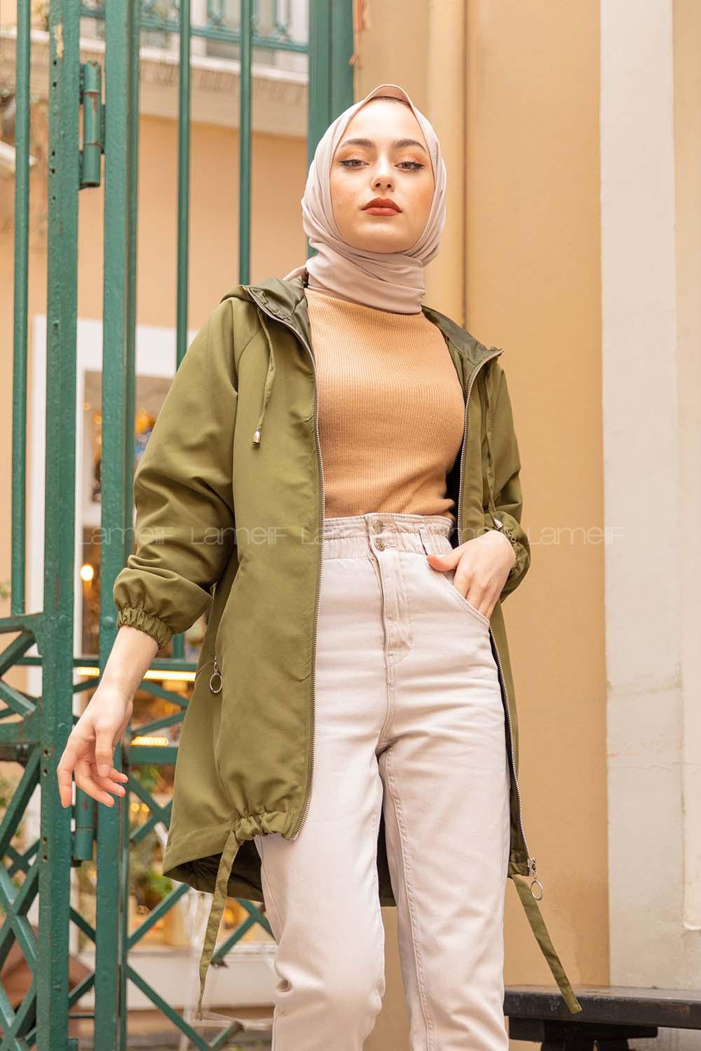 Modalamelif Reglan Kol Detaylı Kapşonlu Kaban Haki