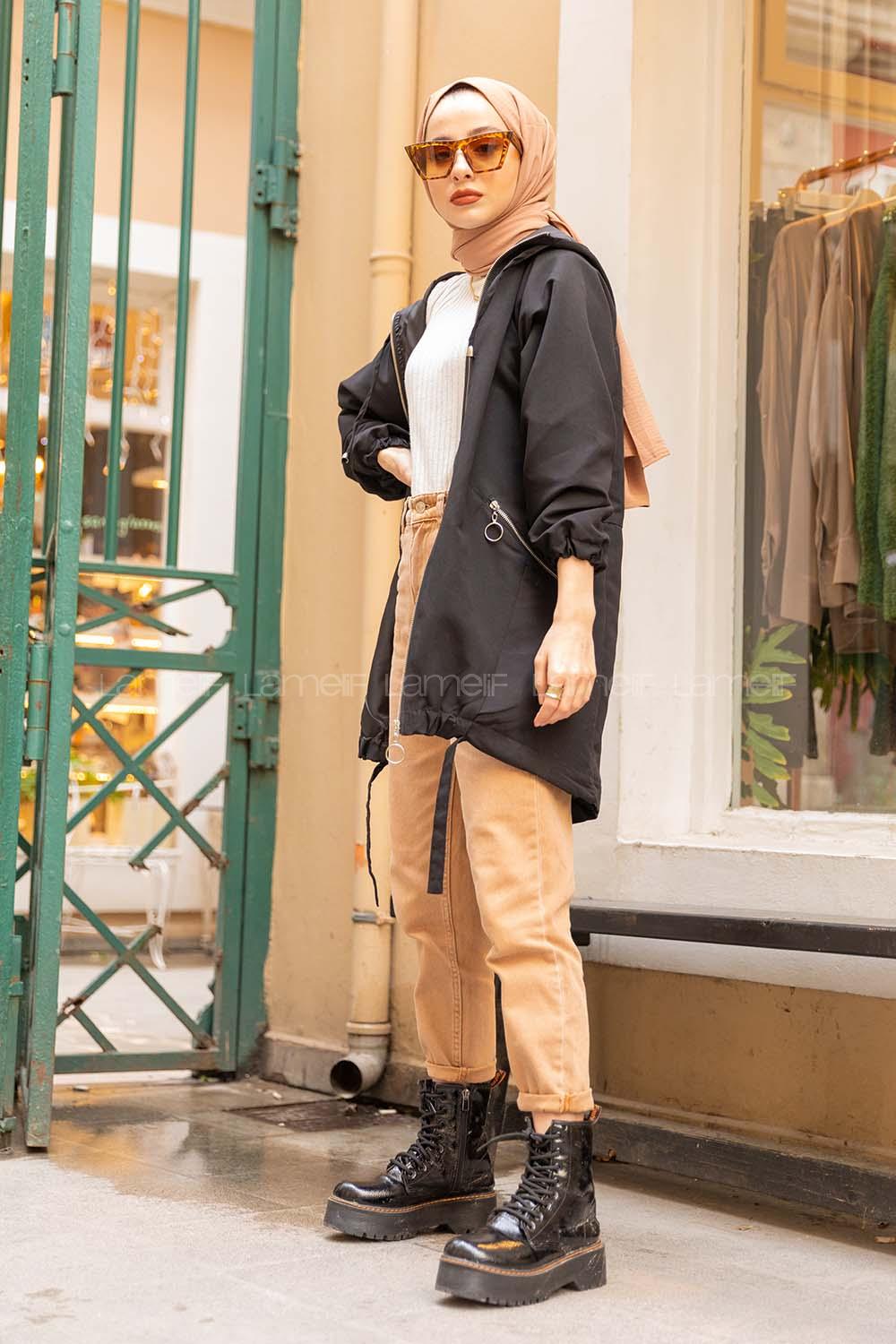 Modalamelif Reglan Kol Detaylı Kapşonlu Kaban Siyah