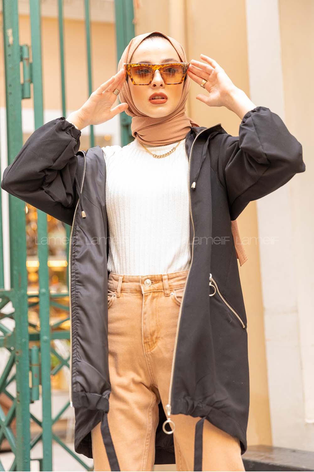 Modalamelif Reglan Kol Detaylı Kapşonlu Kaban Siyah