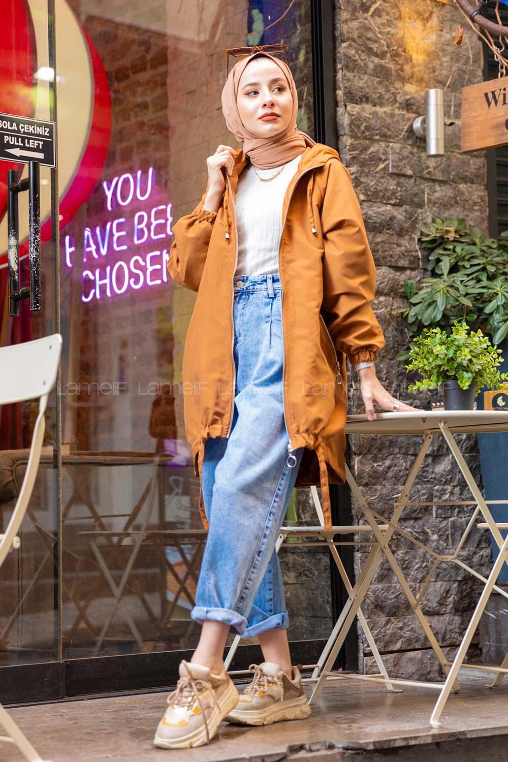 Modalamelif Reglan Kol Detaylı Kapşonlu Kaban Tarçın