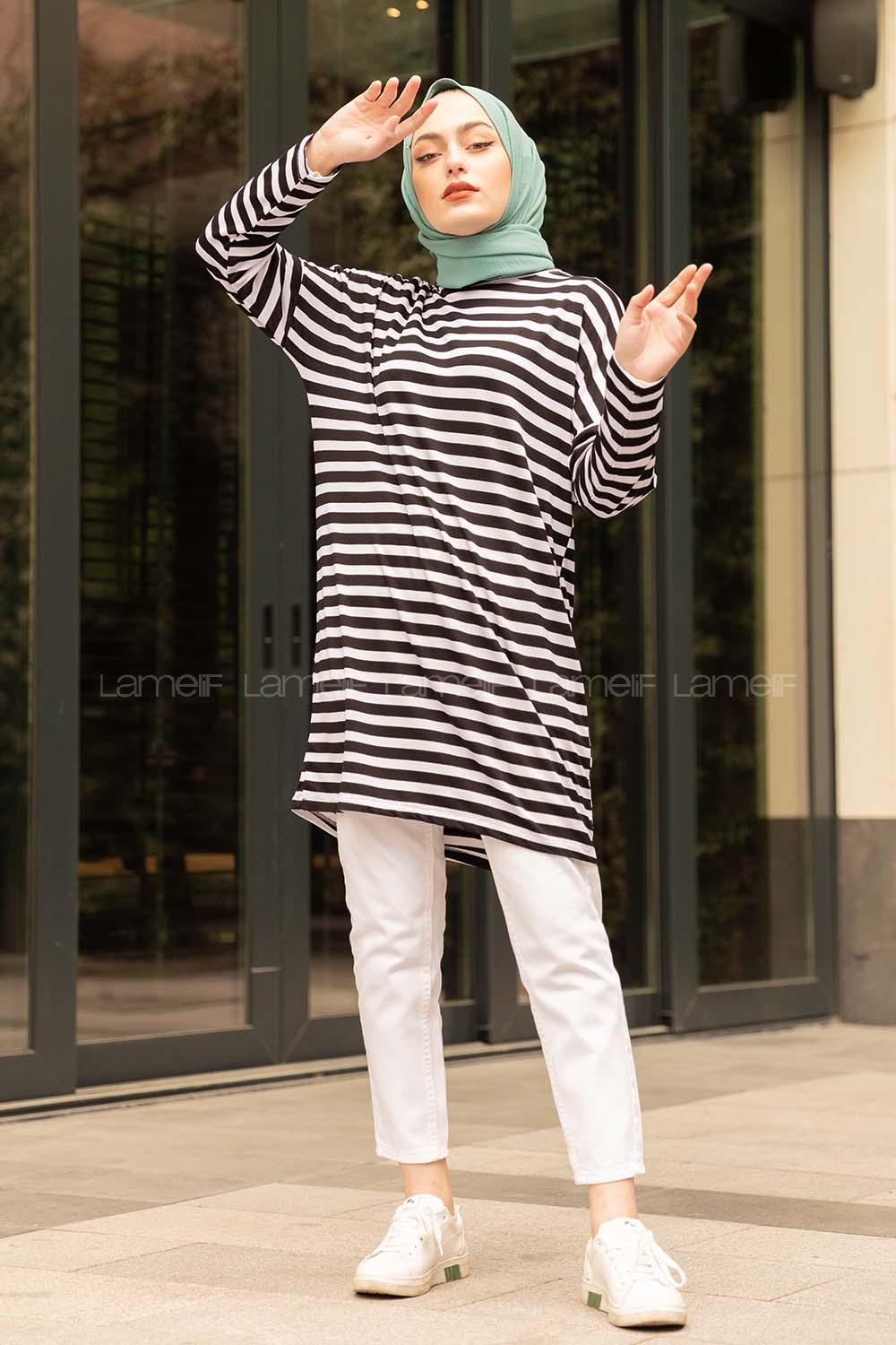 Modalamelif Bisiklet Yaka  Çizgili Sweat Shirt  Siyah