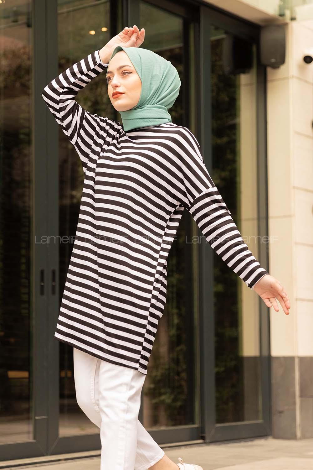 Modalamelif Bisiklet Yaka  Çizgili Sweat Shirt  Siyah