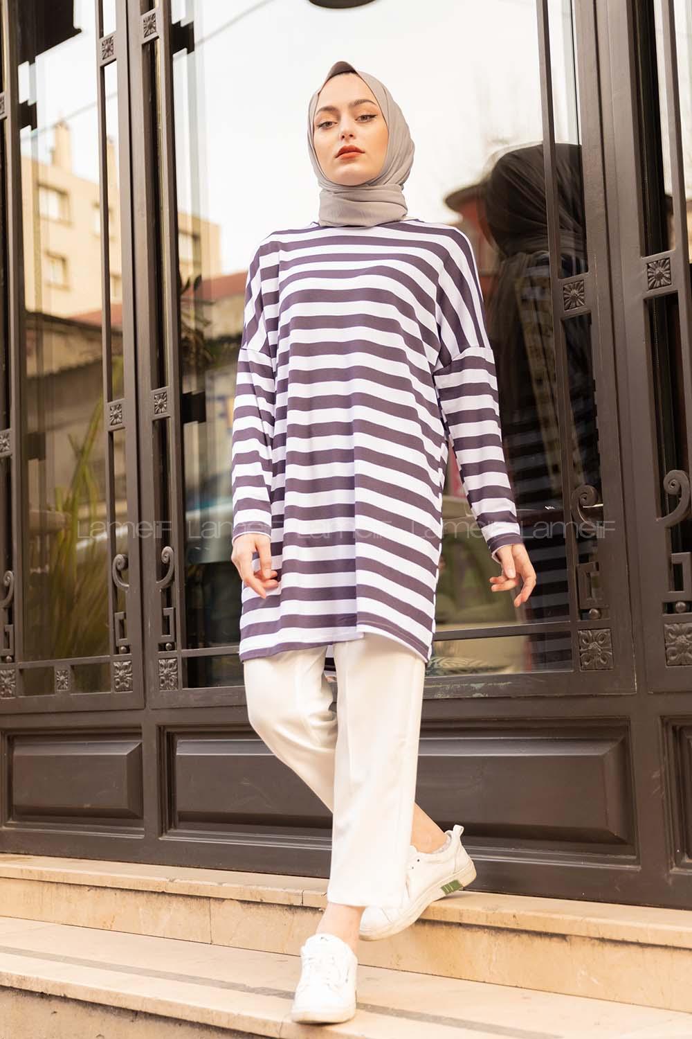 Modalamelif Bisiklet Yaka Kalın  Çizgili Sweat Shirt  Lacivert