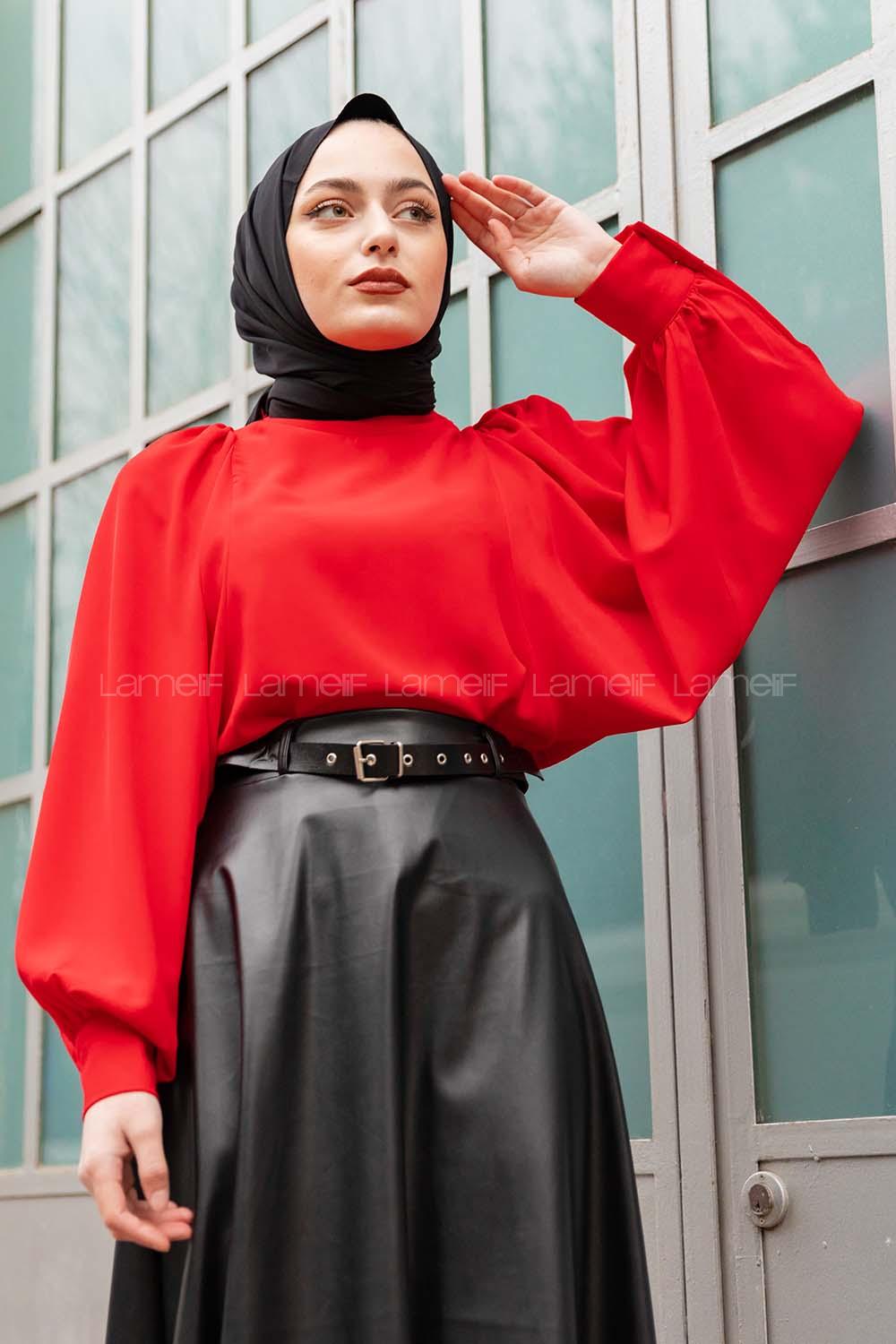 Modalamelif Büzgülü Balon Kol Bluz Kırmızı