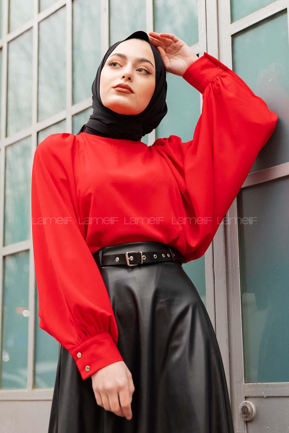 Modalamelif Büzgülü Balon Kol Bluz Kırmızı