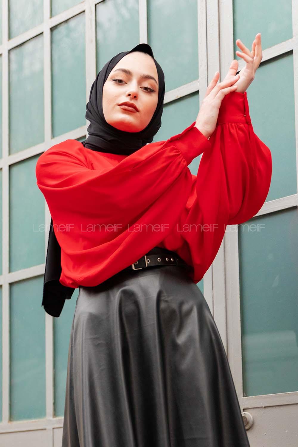 Modalamelif Büzgülü Balon Kol Bluz Kırmızı