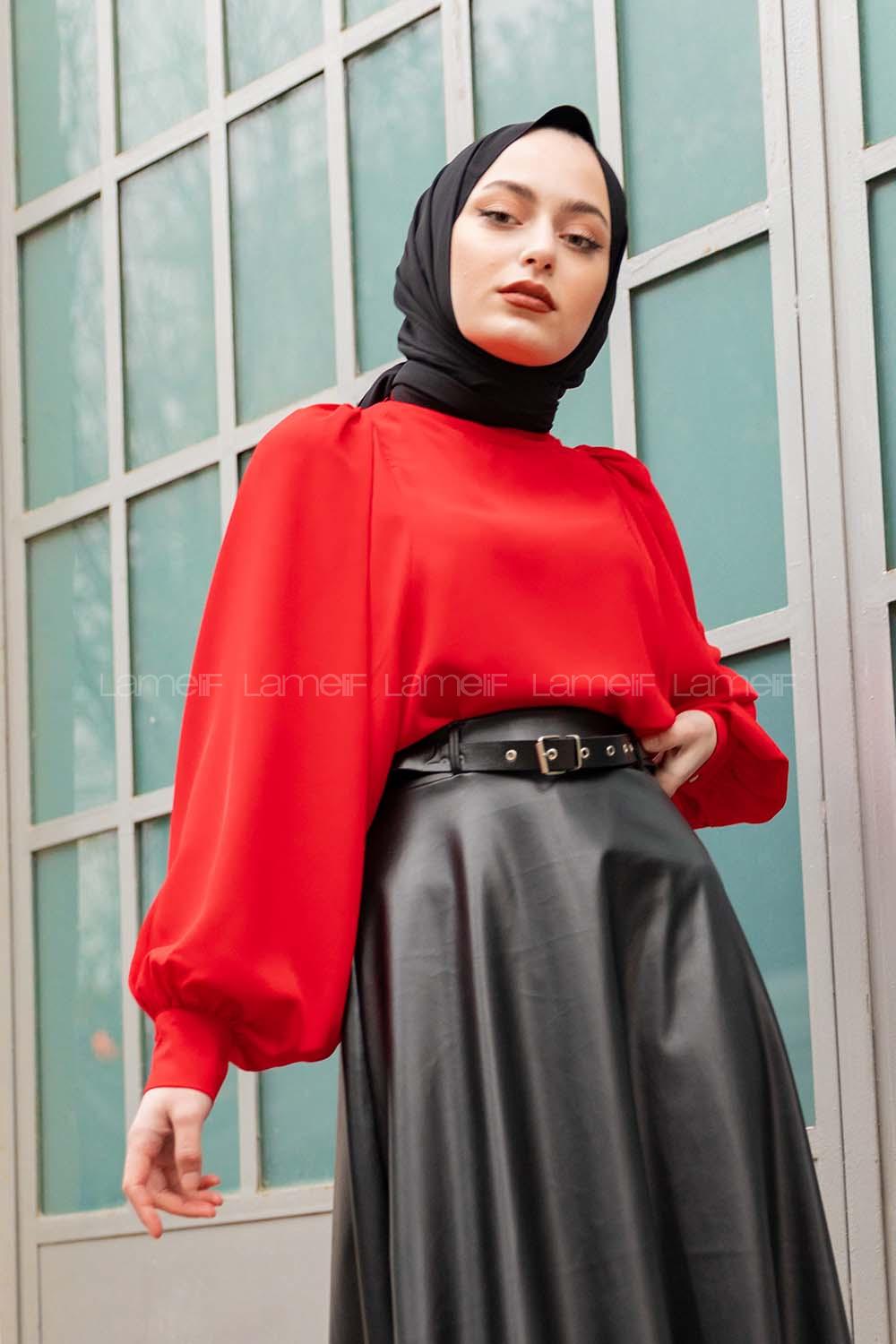 Modalamelif Büzgülü Balon Kol Bluz Kırmızı