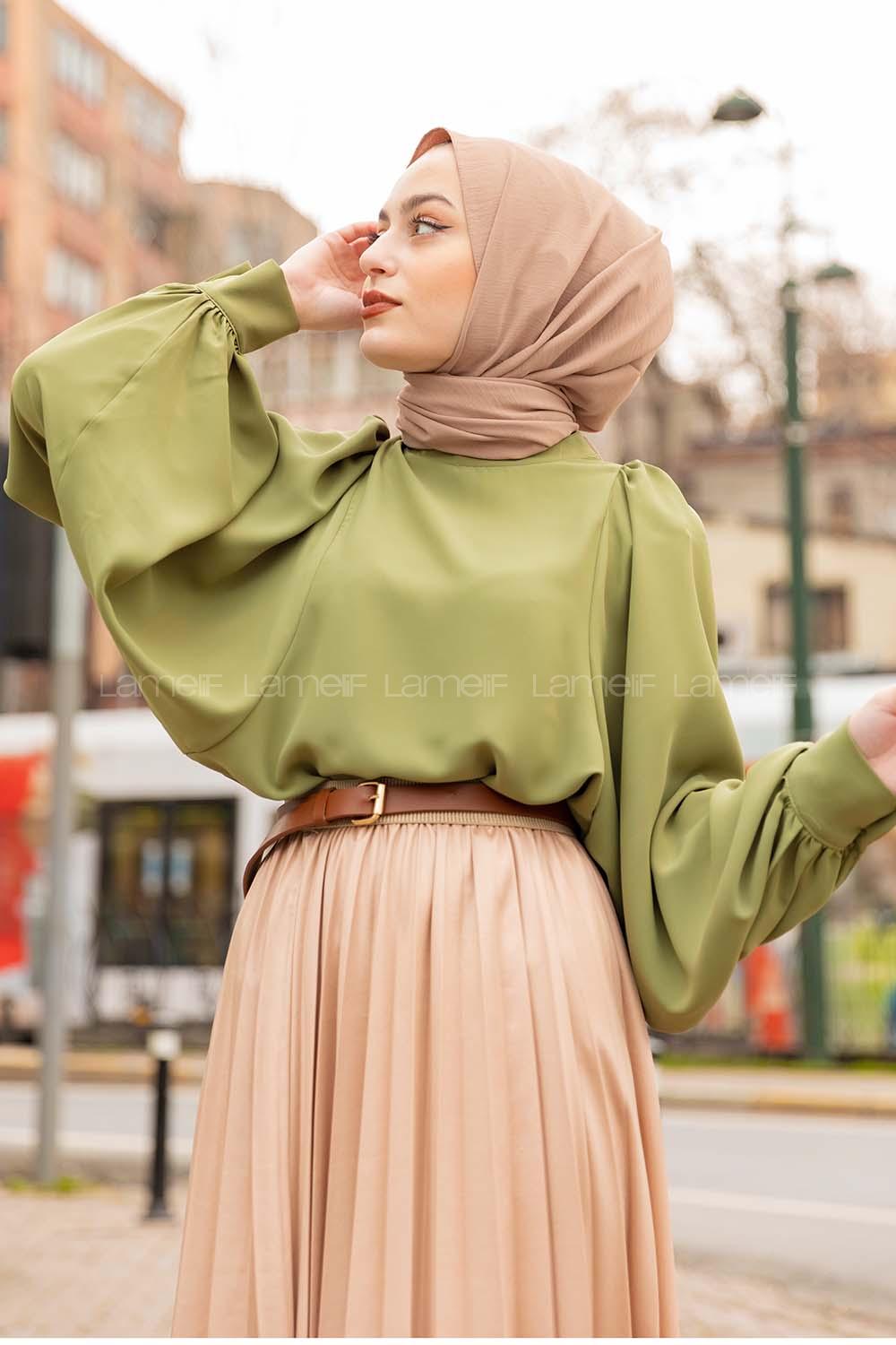 Modalamelif Büzgülü Balon Kol Bluz Yeşil