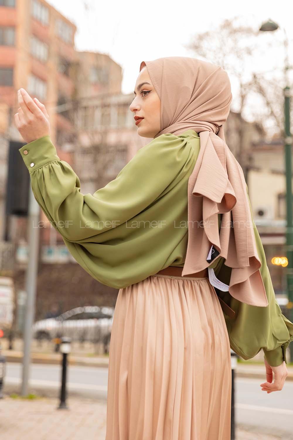 Modalamelif Büzgülü Balon Kol Bluz Yeşil