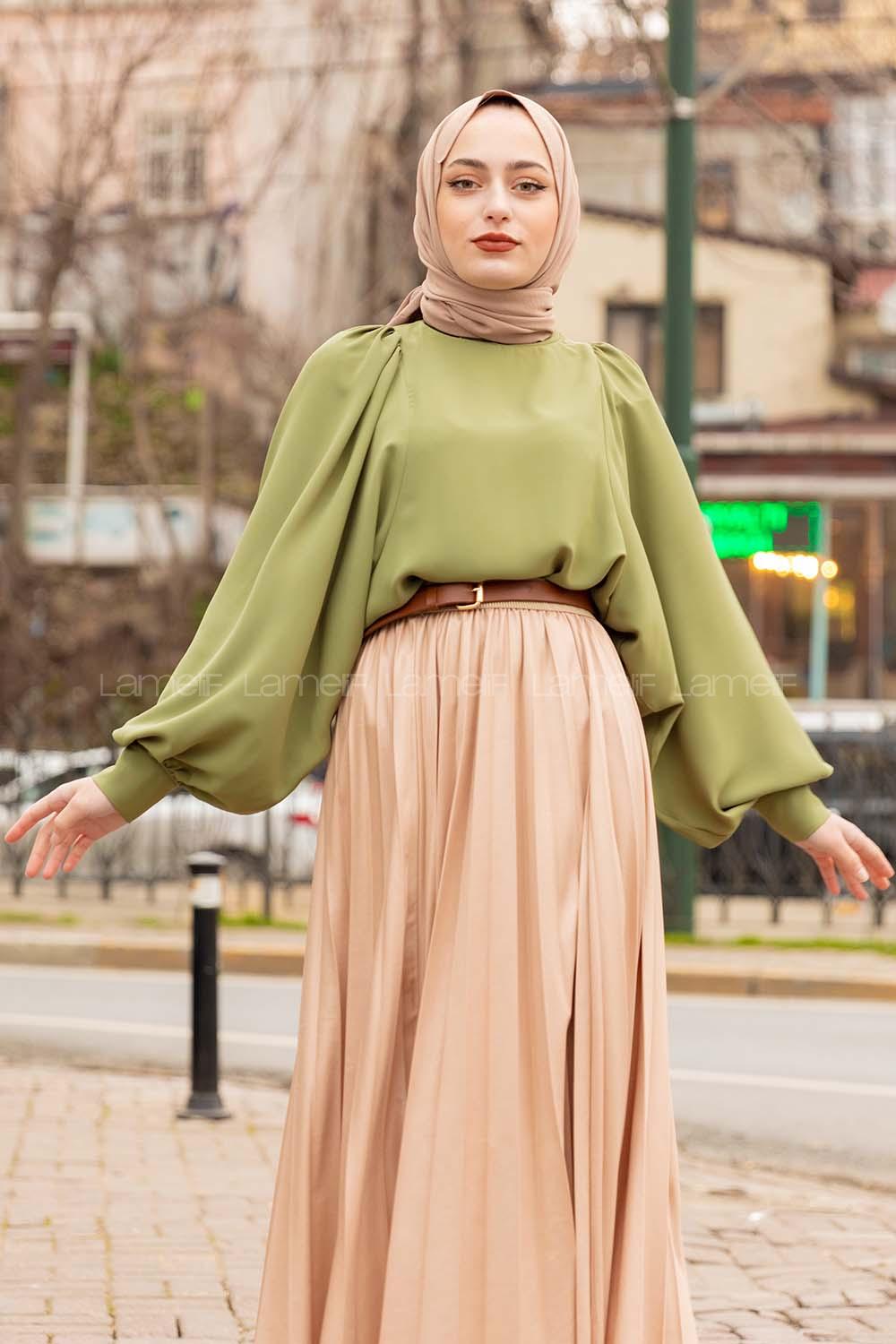 Modalamelif Büzgülü Balon Kol Bluz Yeşil