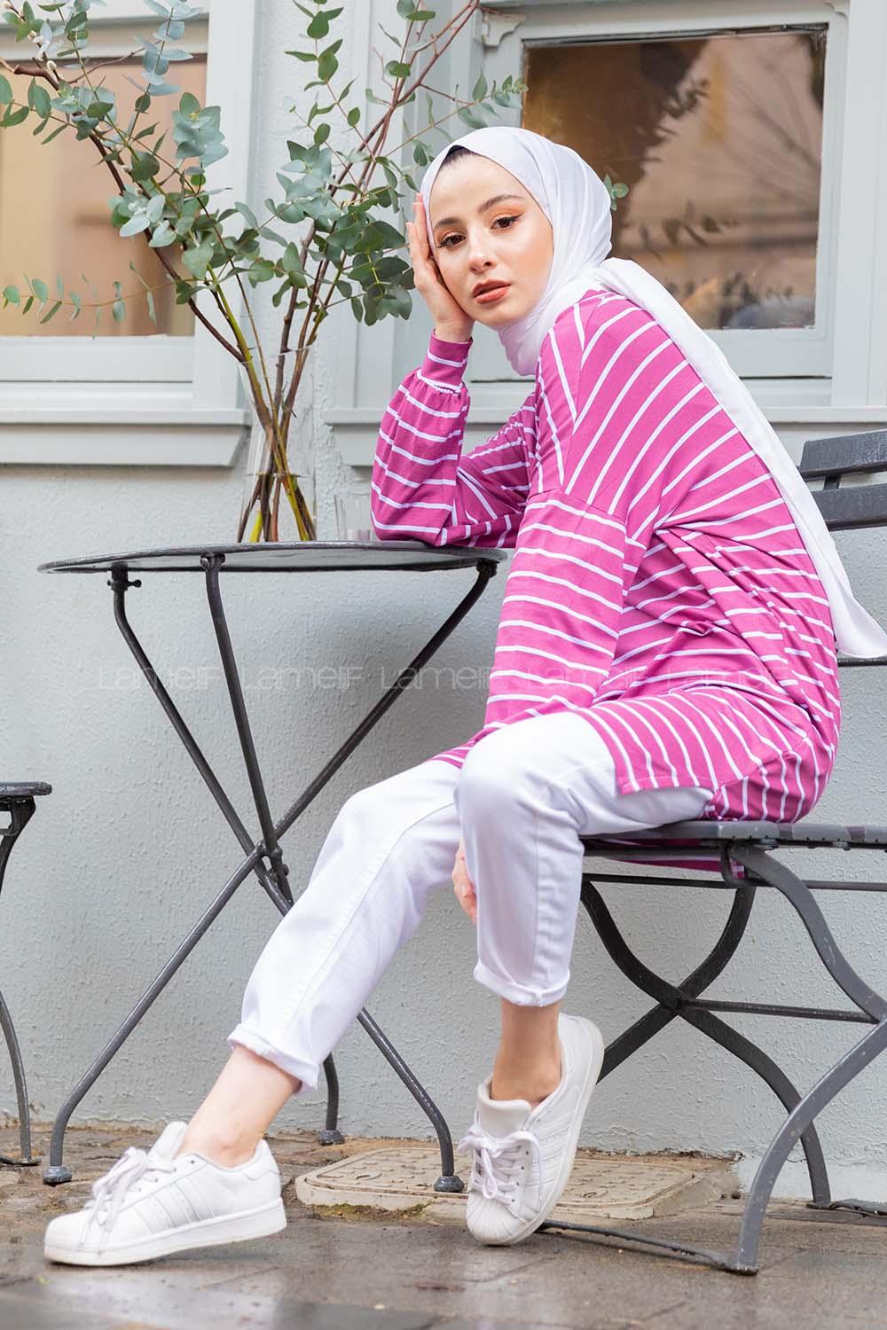 Modalamelif İnce Beyaz Çizgili Tunik Lila